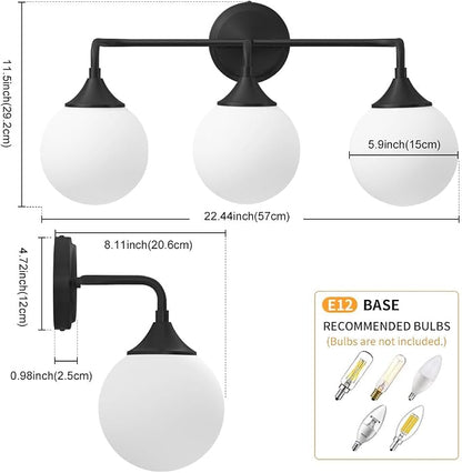 Black Bathroom Light Fixtures Over Mirror Vanity 3-Light | Mid Century Modern Matte Black Wall Sconce with Milky White Glass Ball Shades for for Bathroom Dressing Table Bedroom