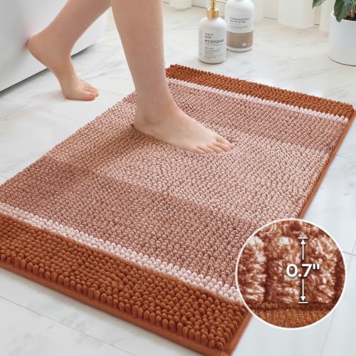 HOMEIDEAS Burnt Orange Bathroom Rugs Set, Chenille, 20"x32"+17"x24"