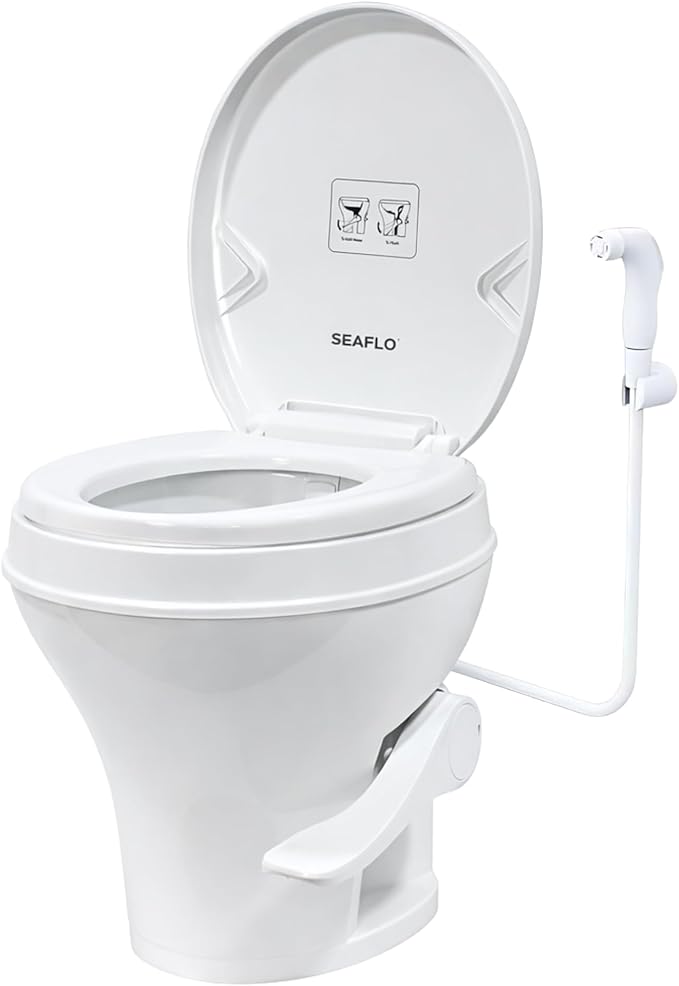 SEAFLO Residential Height Camper/RV Toilet with Sprayer Attachment, 18.5” Standard Height, Gravity Flush System, Foot Pedal Operation, Soft Close Seat, 4-Year Warranty (With Sprayer Attachment)