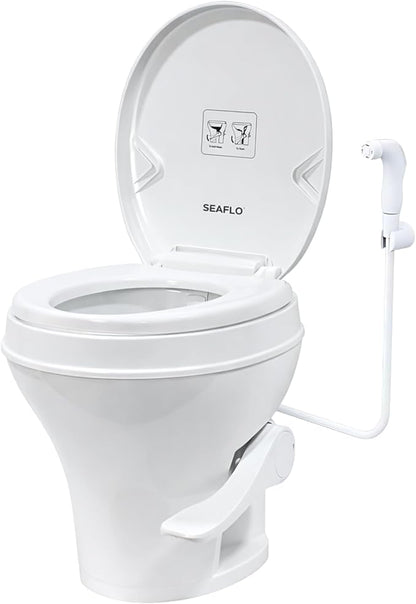 SEAFLO Residential Height Camper/RV Toilet with Sprayer Attachment, 18.5” Standard Height, Gravity Flush System, Foot Pedal Operation, Soft Close Seat, 4-Year Warranty (With Sprayer Attachment)