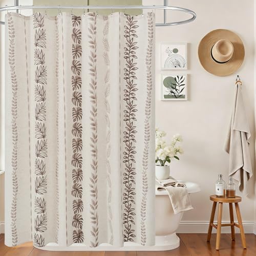 ORTIGIA Linen Brown Leaf Shower Curtain with Metal Hooks,Botanical Boho Waterproof Natural Linen Bath Curtain for Rustic Farmhouse Bathroom Decor 72x72 Inch