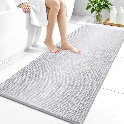OLANLY Bathroom Runner Rugs 47x24, Chenille Striped Bath Rugs, Light Grey
