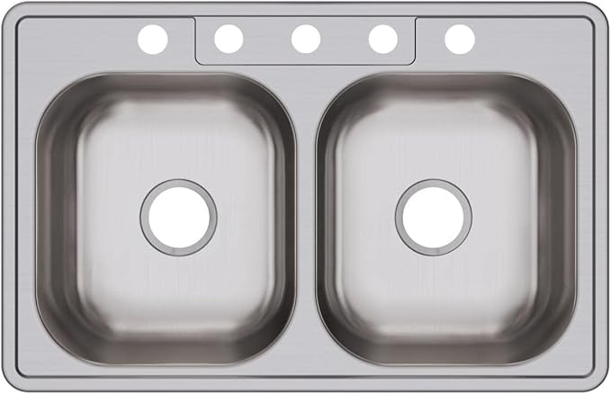Dayton Stainless Steel 33" x 21-1/4" x 6-9/16", 5-Hole Equal Double Bowl Drop-in Sink