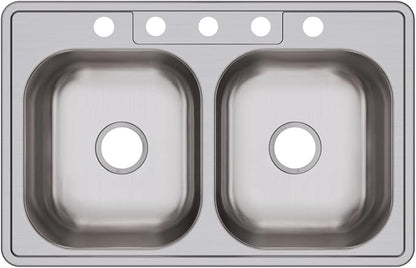 Dayton Stainless Steel 33" x 21-1/4" x 6-9/16", 5-Hole Equal Double Bowl Drop-in Sink