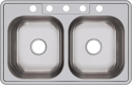 Dayton Stainless Steel 33" x 21-1/4" x 6-9/16", 5-Hole Equal Double Bowl Drop-in Sink