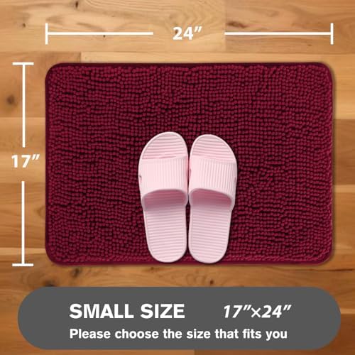 Vivid Burgundy Bathroom Rugs – Absorbent and Washable Bath Mat, Non-Slip, Thick Soft Chenille Bath Rugs for Bathroom Floor, Shower, Sink - 17" x 24"