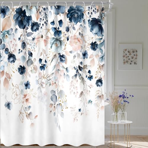 Blue Pink Floral Extra Long Watercolor Bathroom Shower Curtain Set