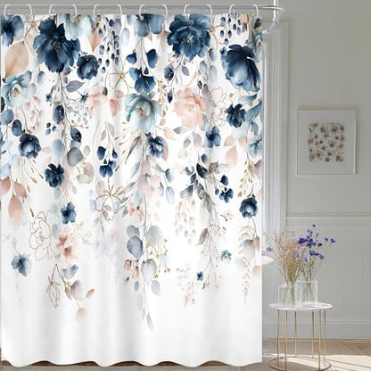Blue Pink Floral Extra Long Watercolor Bathroom Shower Curtain Set