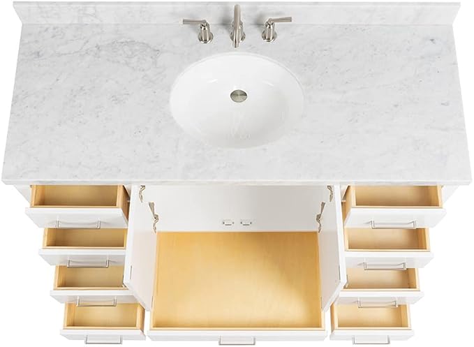 ARIEL Cambridge 54-inch Bathroom Vanity with Sink,Solid Wood, 1.5-inch Italian Carrara Marble Countertop & Backsplash, Single Oval Porcelain Sink, 2 Soft Closing Doors, 9 Dovetail Drawers, White