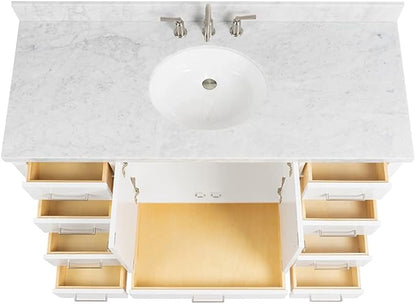 ARIEL Cambridge 54-inch Bathroom Vanity with Sink,Solid Wood, 1.5-inch Italian Carrara Marble Countertop & Backsplash, Single Oval Porcelain Sink, 2 Soft Closing Doors, 9 Dovetail Drawers, White