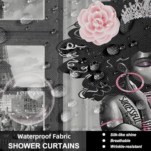 4Pcs African American Shower Curtain Sets with Rugs, Black Girl Shower Curtain for Bathroom Decor Sets with Paris Eiffel Tower Art Pattern, Grey Waterproof juego de baño, with 12 PCS Hooks