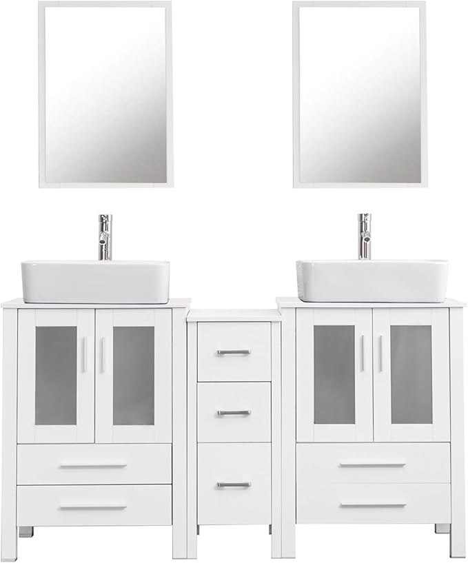 UEV 60" Double Sink Bathroom Vanity,White Bathroom Vanity with Double Side Vanity Cabinets & Removable 3 Drawer Storage Cabinet,Bathroom Vanity with Tempered Vessel Sink,Mirror Not Included(T03)
