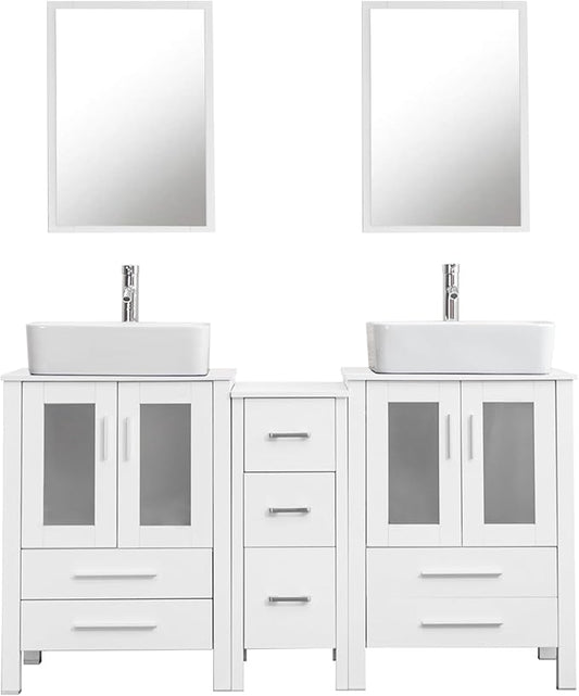UEV 60" Double Sink Bathroom Vanity,White Bathroom Vanity with Double Side Vanity Cabinets & Removable 3 Drawer Storage Cabinet,Bathroom Vanity with Tempered Vessel Sink,Mirror Not Included(T03)