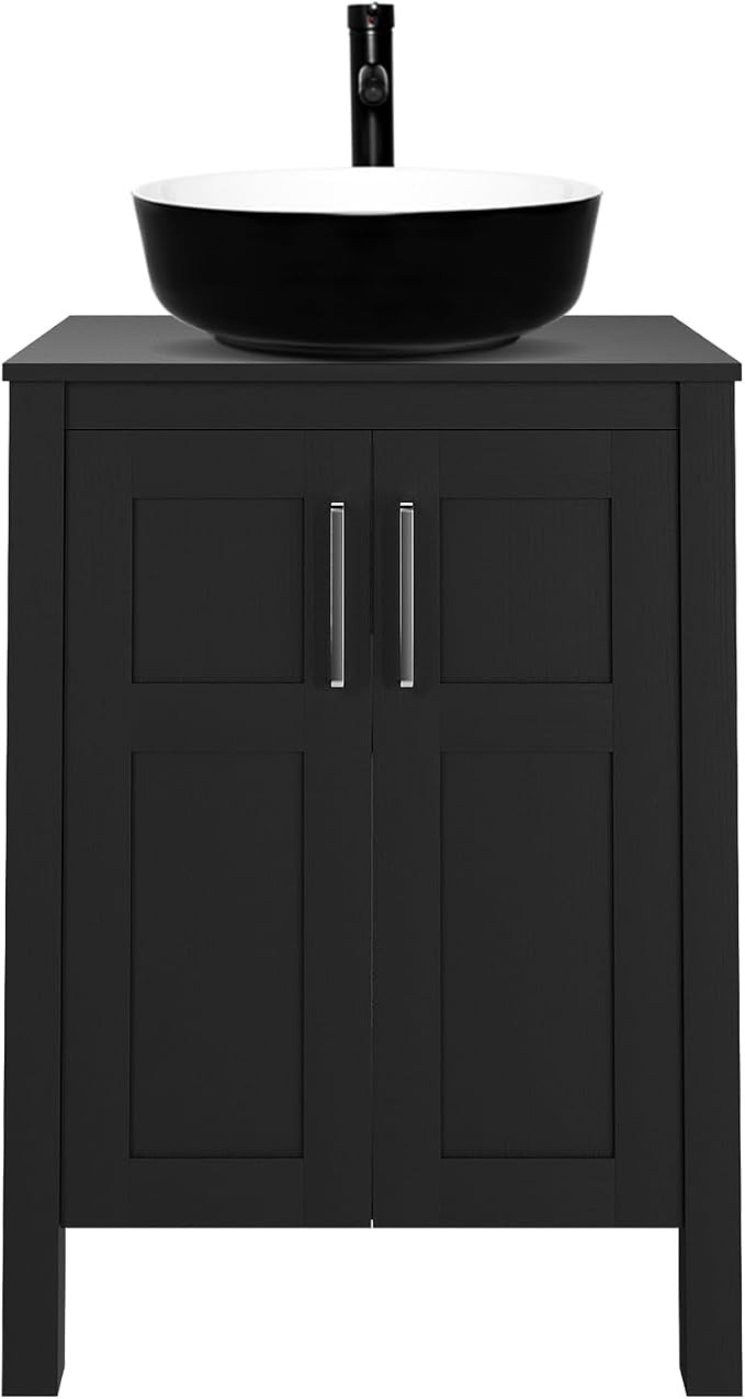 YOURLITE Bathroom Vanity with Sink, 24" Black Bathroom Vanity Sink Combo with Black White Ceramic Basin Faucet & Pop Up Drain Set