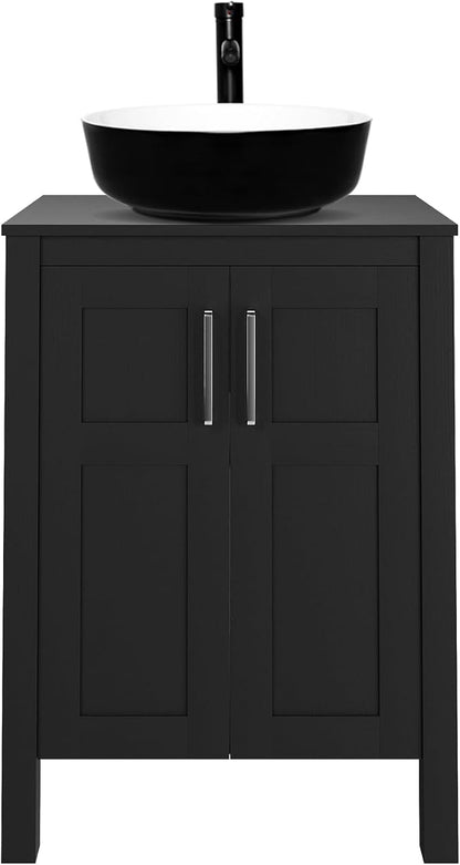 YOURLITE Bathroom Vanity with Sink, 24" Black Bathroom Vanity Sink Combo with Black White Ceramic Basin Faucet & Pop Up Drain Set