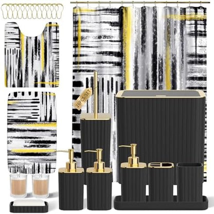 Bathroom Set - Bathroom Accessory Set, Black Bathroom Set, 26PC Bathroom Sets with Shower Curtain and Rugs, Toilet Brush, Trash Can, Qtip Holder & Bathroom Soap Dispenser Set