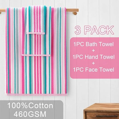 VOOVA & MOVAS Striped Towels 3 Pack, 100% Cotton, Pink Aqua