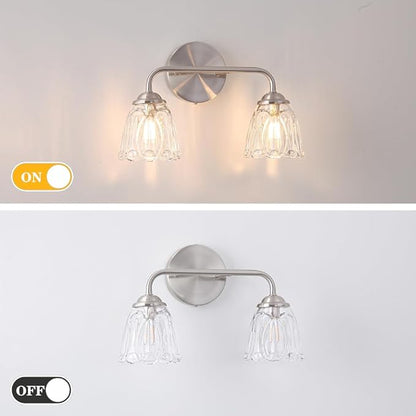 Vintage Bathroom Vanity Light, Brushed Nickel Vanity Lights Over Mirror, 2-Light Elegant Bathroom Light Fixture with Flower Glass Shade, Wall Sconce Lighting for Bedroom Lining Room