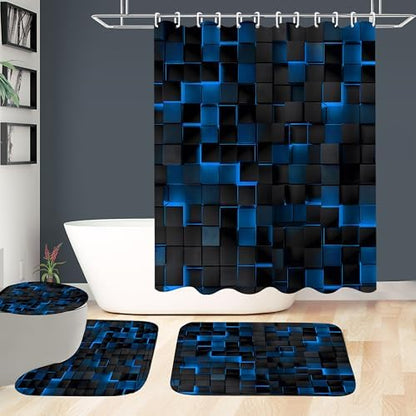 LQCOOL 4Pcs Shower Curtain Set with Rugs, Modern Bathroom Set Black Blue