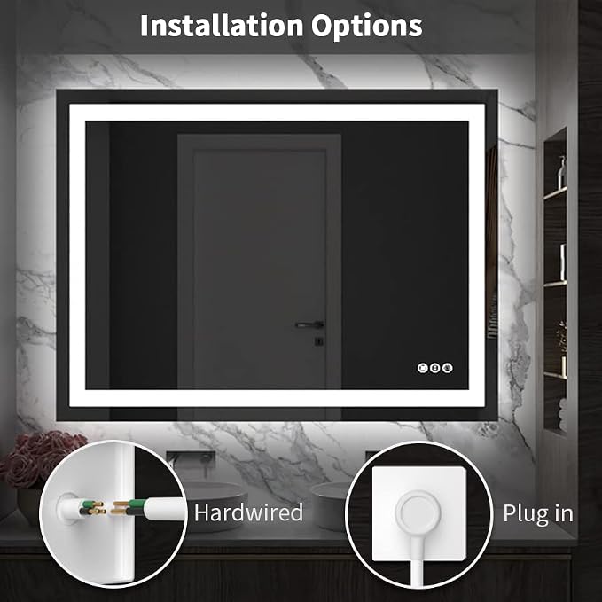 LED Bathroom Mirror 48"X40" with Front Light and Backlit | Stepless Dimmable, Anti-Fog, Shatter-Proof, HD Reflection, Memory, 3 Colors Lighting, UL Listed (Horizontal/Vertical).