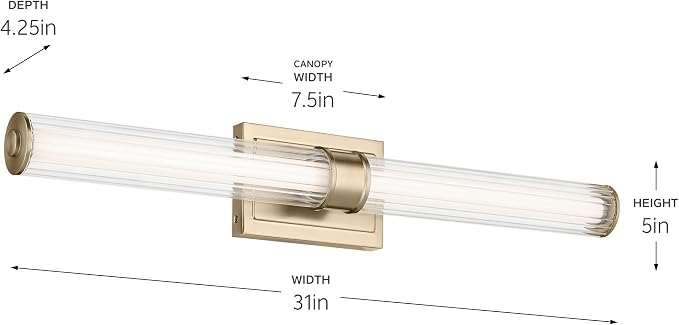 Kichler Laurene LED Bath Bar Light, Champagne Bronze | Linear vanity light with clear fluted glass for bathroom mirrors (31" x 5"), 55197CPZLED