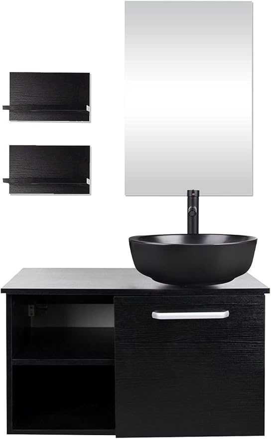 YOURLITE 28" Wall Mounted Bathroom Vanity Modern Lavatory Wood Cabinet with Mirror Black Round Countertop Sink Combo Vanities Set