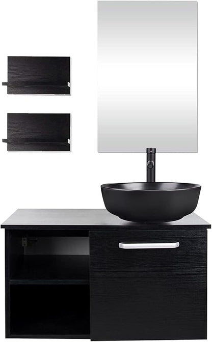 YOURLITE 28" Wall Mounted Bathroom Vanity Modern Lavatory Wood Cabinet with Mirror Black Round Countertop Sink Combo Vanities Set