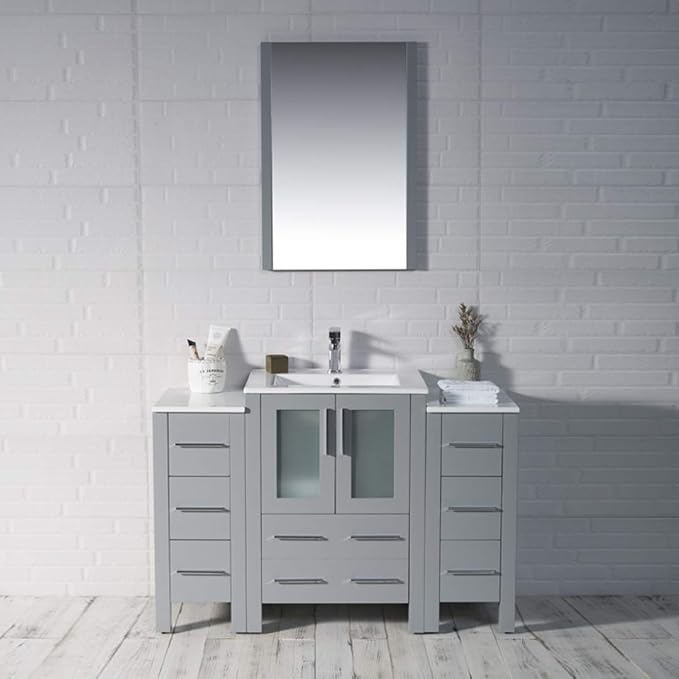 Blossom 48 Inch Bathroom Vanity with Sink - Metal Grey Solid Wood Cabinet with Tempered Glass & Side Storage Towers - Clearance Bathroom Vanity - Integrated Sink Countertop - Bathroom Sink Vanities