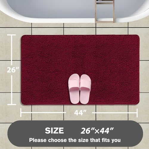 Vivid Burgundy Bathroom Rugs – Absorbent and Washable Bath Mat, Non-Slip, Thick Soft Chenille Bath Rugs for Bathroom Floor, Shower, Sink - 26" x 44"