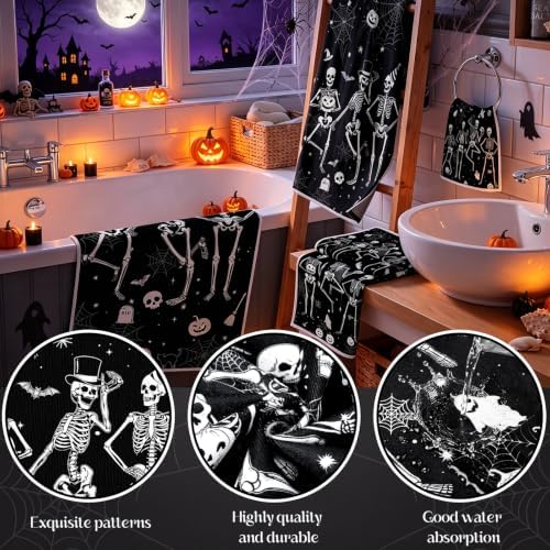 Moukeren Set of 3 Halloween Bathroom Towels Gothic Skull Bath Towel Hand Towels and Washcloth Soft Spooky Black White Decorative Towel Housewarming Gifts for Farmhouse Bathroom Kitchen