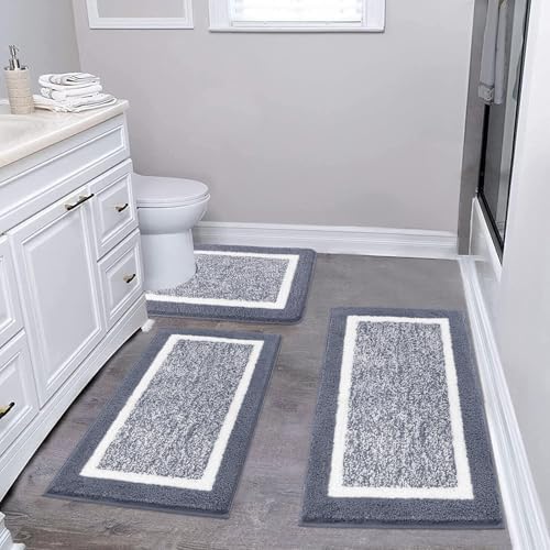 Pauwer 3 Piece Bathroom Rug Set, Non Slip Washable Bath Mat, Dark Grey