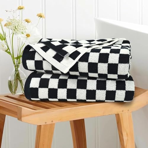 Jacquotha Black and White Checkered Cotton Bath Towels Set of 2