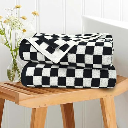 Jacquotha Black and White Checkered Cotton Bath Towels Set of 2
