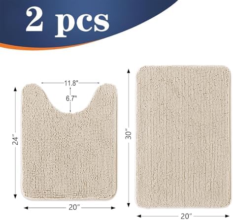 OLANLY Chenille Bathroom Rugs Mats Sets 2 Piece, 30"x20"+24"x20", Sand