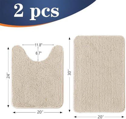 OLANLY Chenille Bathroom Rugs Mats Sets 2 Piece, 30"x20"+24"x20", Sand