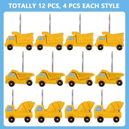 12-Piece Truck Construction Tractor Shower Curtain Hooks for Bathroom