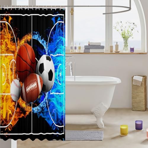 jejeloiu Ball Games Bath Curtain Boys Girls 72"x72" Ice Fire Ball Shower Curtain for Kids Women Men Waterproof Football Bathroom Shower Curtain Set Sports Game Kids Bathroom Accessories