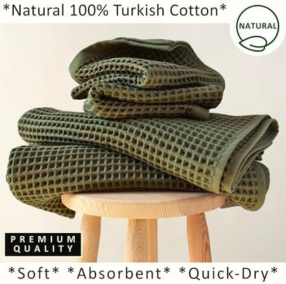 PÜSKÜL Natural 100% Turkish Cotton Waffle Towels Set of 4-Piece Khaki Green