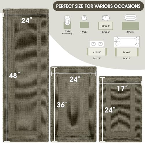 Upgraded Waffle Bath Mat Set 3 Piece Greyish Green-Looped, Super Absorbent Non-Slip Quick Dry Bathroom Rugs with Tassels, Machine Washable Ultra Soft Boho Bath Rugs, Toilet Mats Boho Farmhouse Decor