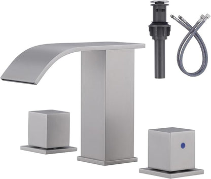 ARCORA Brushed Nickel Waterfall Bathroom Faucet - 8 Inch Widespread Bathroom Faucets for Sinks 3 Hole, Modern 2 Handles Bathroom Sink Faucet with Pon Up Drain and cUPC Supply Lines