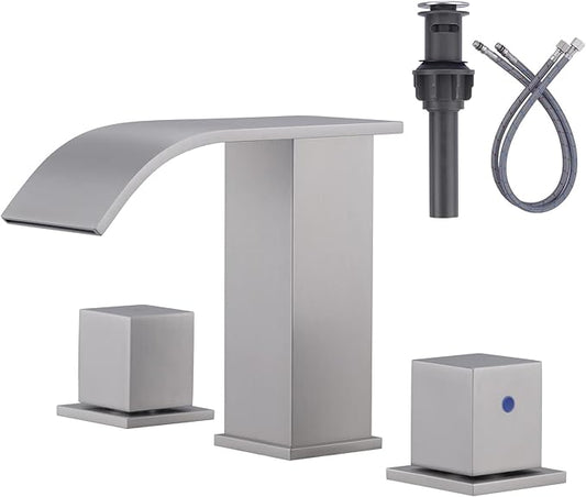 ARCORA Brushed Nickel Waterfall Bathroom Faucet - 8 Inch Widespread Bathroom Faucets for Sinks 3 Hole, Modern 2 Handles Bathroom Sink Faucet with Pon Up Drain and cUPC Supply Lines