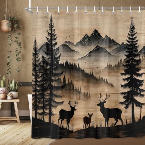 Rustic Deer Shower Curtain, Cabin Country Wood Lodge Hunting Wild Animal Vintage Farmhouse Hunting Camping Camper RV Bathroom Decor Polyester Fabric Mens Bath Curtain Set with Hooks,70X85IN