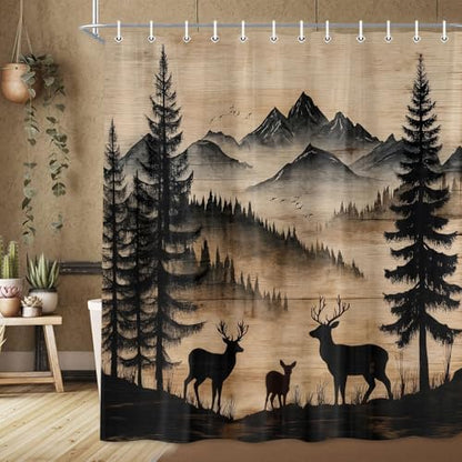 Rustic Deer Shower Curtain, Cabin Country Wood Lodge Hunting Wild Animal Vintage Farmhouse Hunting Camping Camper RV Bathroom Decor Polyester Fabric Mens Bath Curtain Set with Hooks,70X85IN