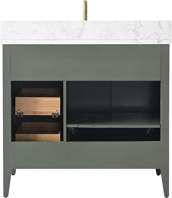 HOMEBEYOND 36" Bathroom Vanity with Sink, Solid Wood Bathroom Vanity Free-Standing Cabinet, Drawers, Ceramic Top & Soft Closing Door, Golden Brushed Handware, Vintage Green