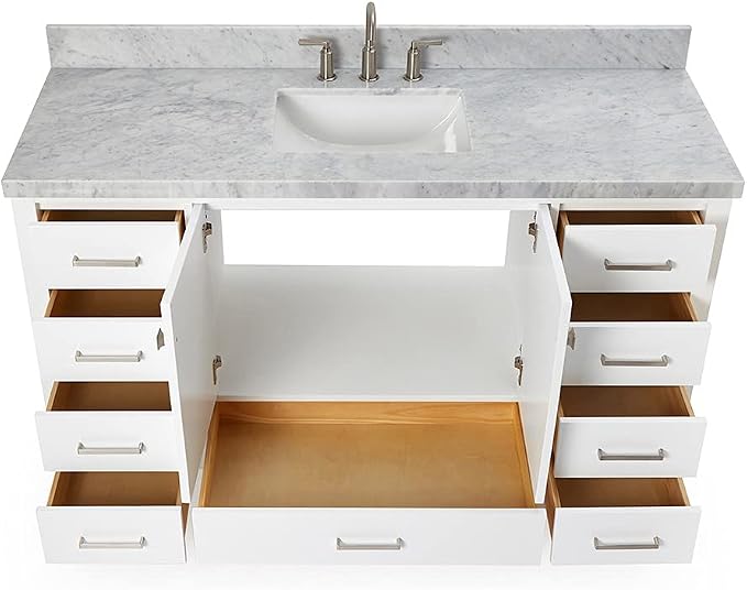 ARIEL Cambridge 60-inch Bathroom Vanity with Sink,Solid Wood, 1.5-inch Italian Carrara Marble Countertop, Single Rectangular Porcelain Sink, 2 Soft Closing Doors, 9 Dovetail Drawers, White
