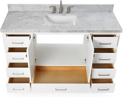 ARIEL Cambridge 60-inch Bathroom Vanity with Sink,Solid Wood, 1.5-inch Italian Carrara Marble Countertop, Single Rectangular Porcelain Sink, 2 Soft Closing Doors, 9 Dovetail Drawers, White