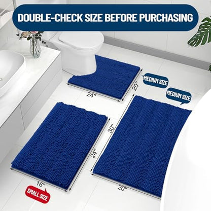 Grandaily Chenille Striped Bathroom Rugs 30x20, Extra Thick and Absorbent Bath Mats, Non-Slip Soft Plush Shaggy Shower Carpet, Machine Wash Dry, Bath Rug for Bathroom, (Medium, Royal Blue)