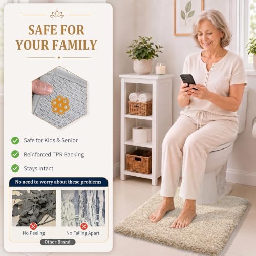 Yimobra Toilet Rugs U Shaped 24X20, Ultra Soft and Water Absorbent Bath Mats, Non Slip Fluffy Luxury Microfiber Contour Bath Rugs for Toilet, Dry Quick, Machine Washable, Light Beige and White