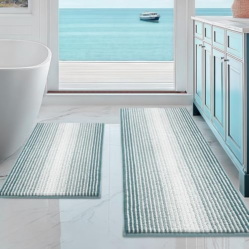 BSICPRO Bathroom Rugs Sets 2 Piece, Non Slip Striped Bath Mats, Sea Green