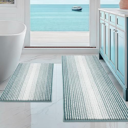 BSICPRO Bathroom Rugs Sets 2 Piece, Non Slip Striped Bath Mats, Sea Green